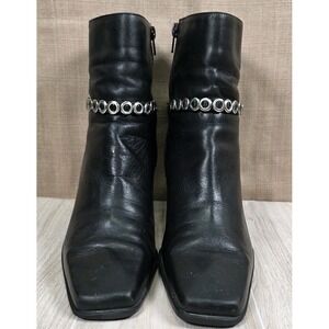 MARKON 90s Carson Black Leather Silver Chain Square Toe Moto Ankle Boots Size 7M